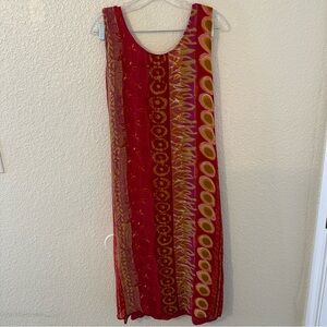 Cotton Zone Vintage 90s Boho Red & Yellow Printed Patterned Midi Maxi Dress
